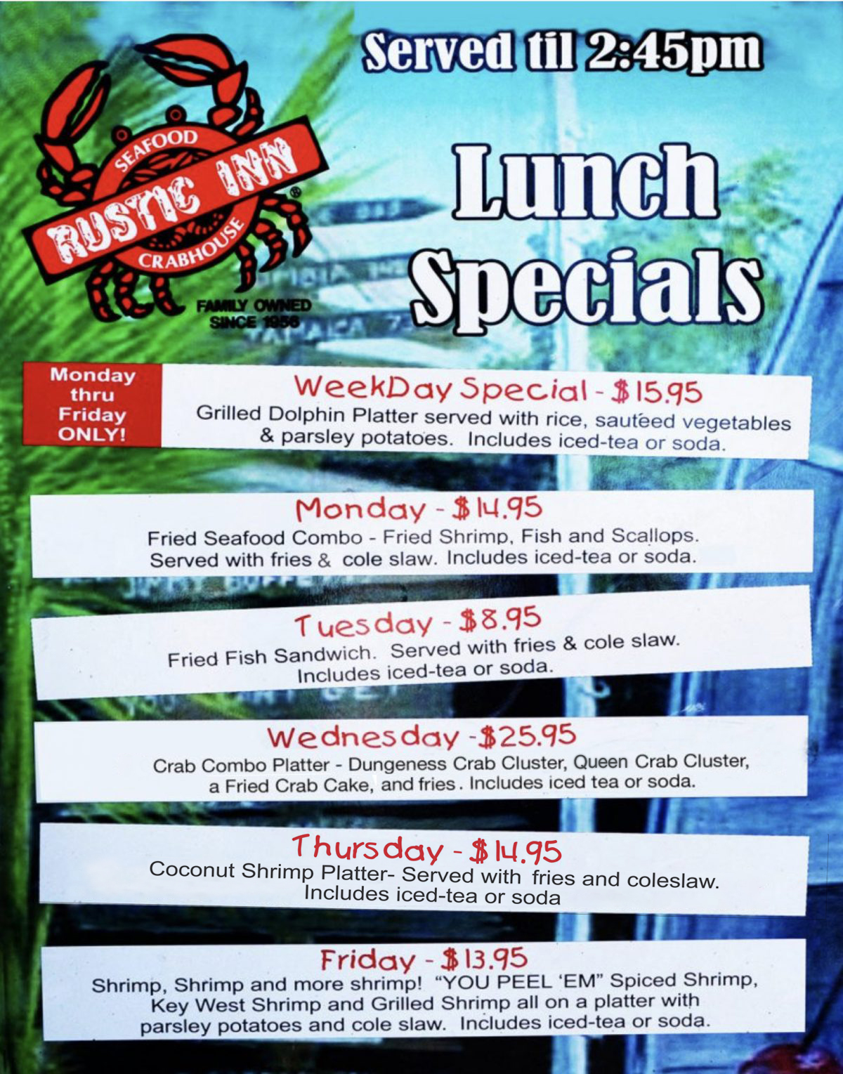 Rustic Inn Lunch Specials Monday through Friday